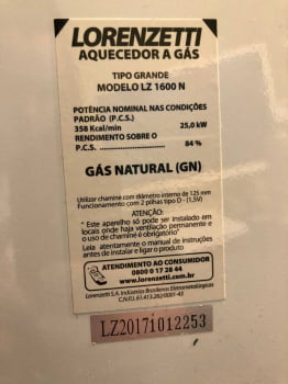 Aquecedor de água a gás GN Lorenzetti LZ 1600 N - Outlet