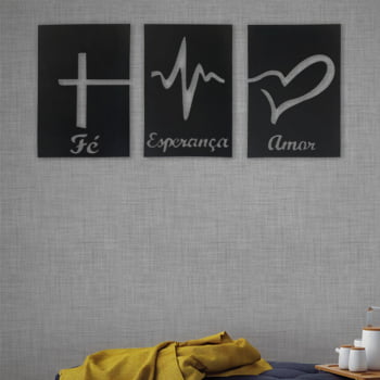 Kit 3 Quadros decorativos mdf esperança fe amor- Preto