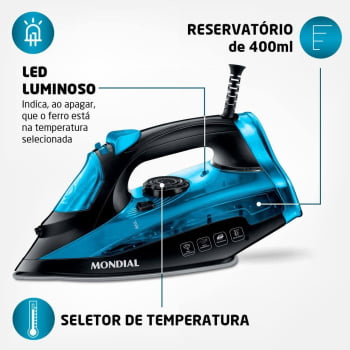 Ferro De Passar A Vapor F-53 Azul E Preto Mondial 220v - Novo