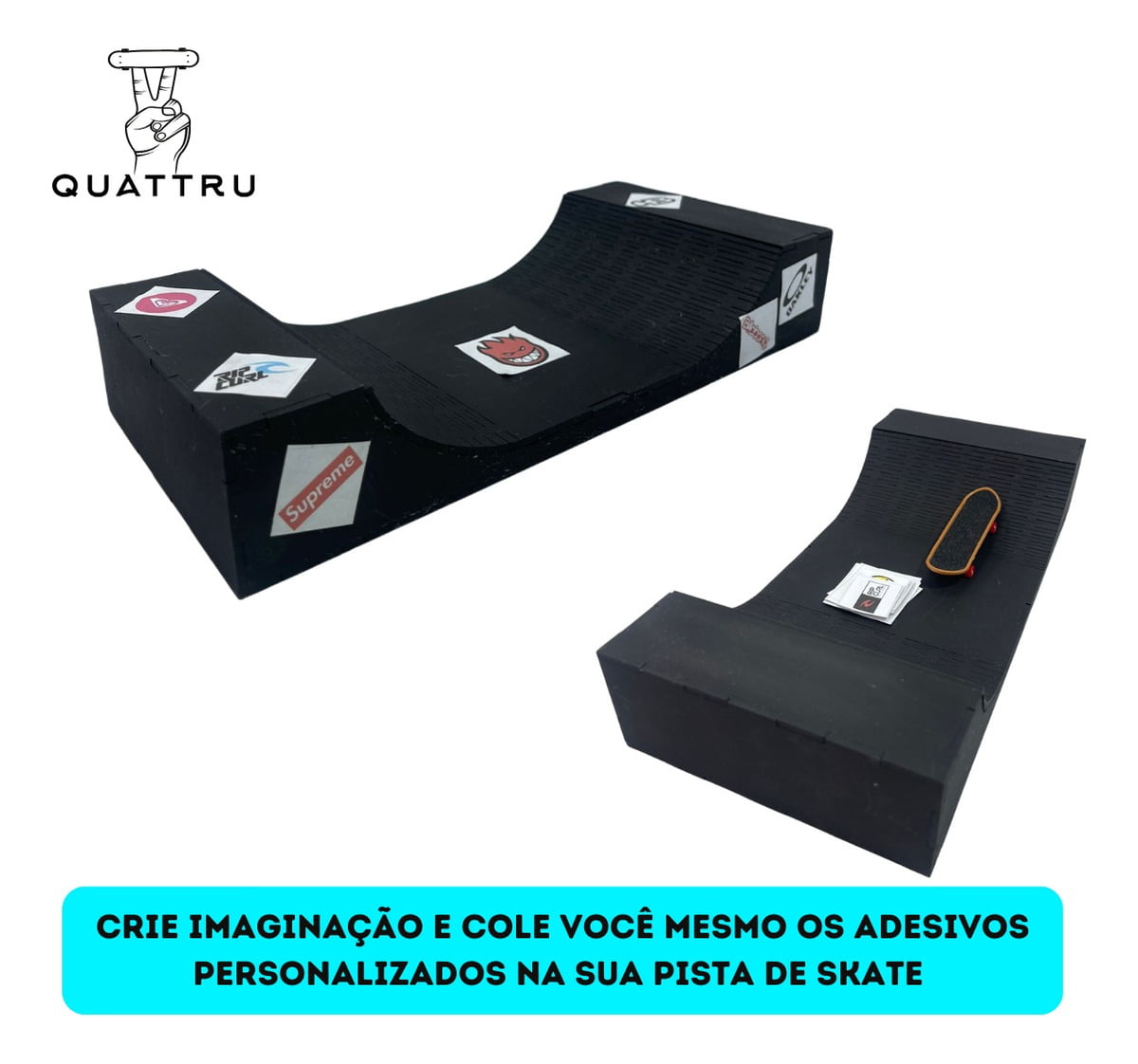 Pista Skate de Dedo p/ brincar Mdf 33x6x15cm preta + Brindes