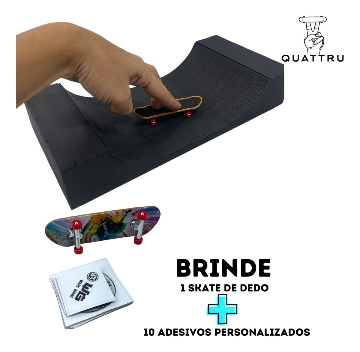 Pista Skate de Dedo p/ brincar Mdf 33x6x15cm preta + Brindes