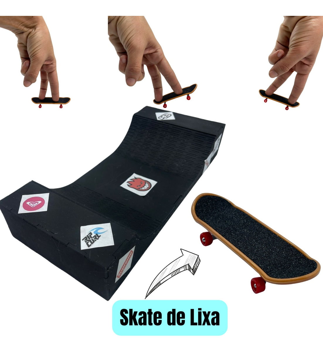 Pista Skate de Dedo p/ brincar Mdf 33x6x15cm preta + Brindes