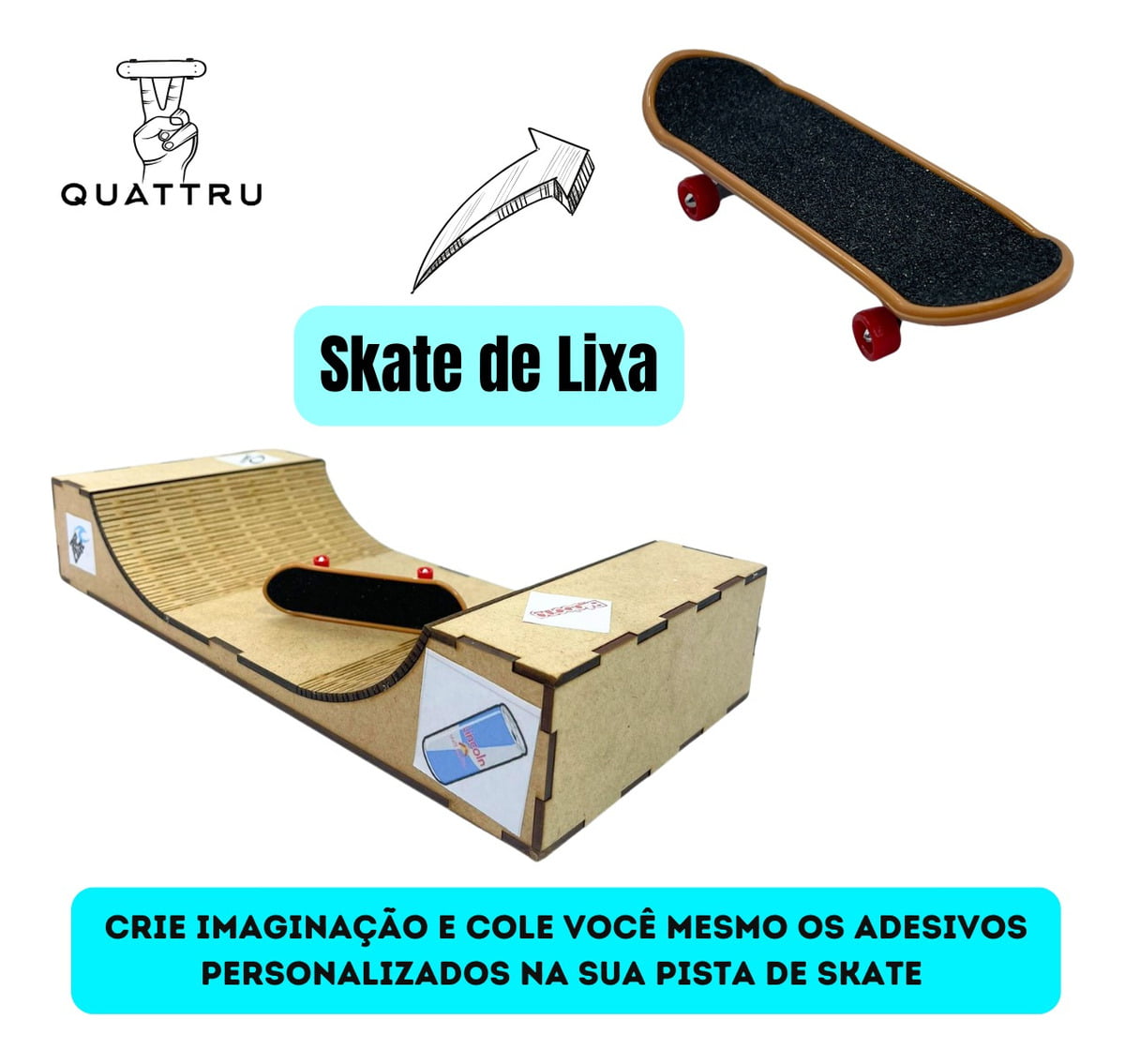 Pista  Rampa Skate Mdf Dedo  + Suporte + Skate + Adesivos