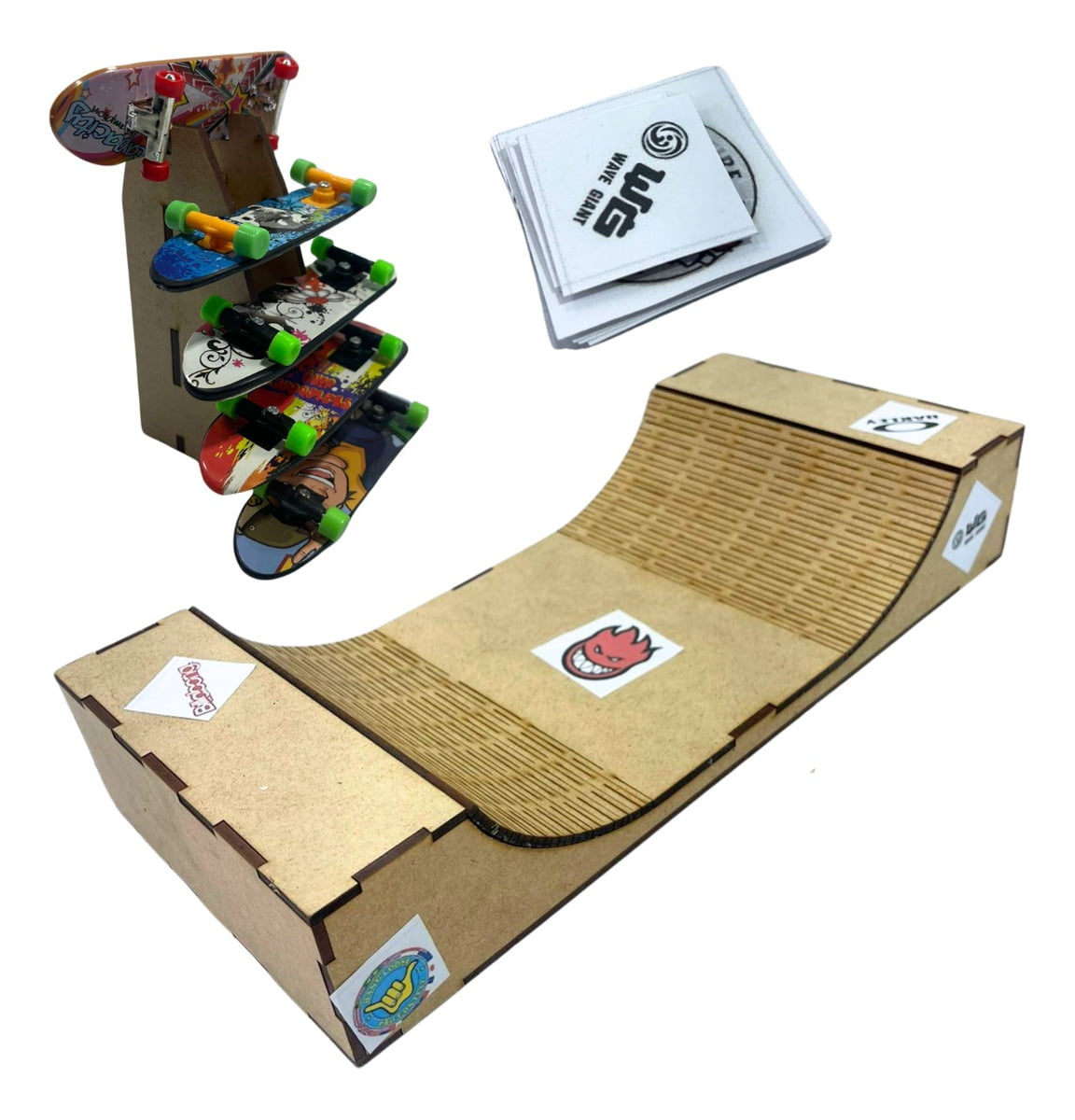 Pista  Rampa Skate Mdf Dedo  + Suporte + Skate + Adesivos