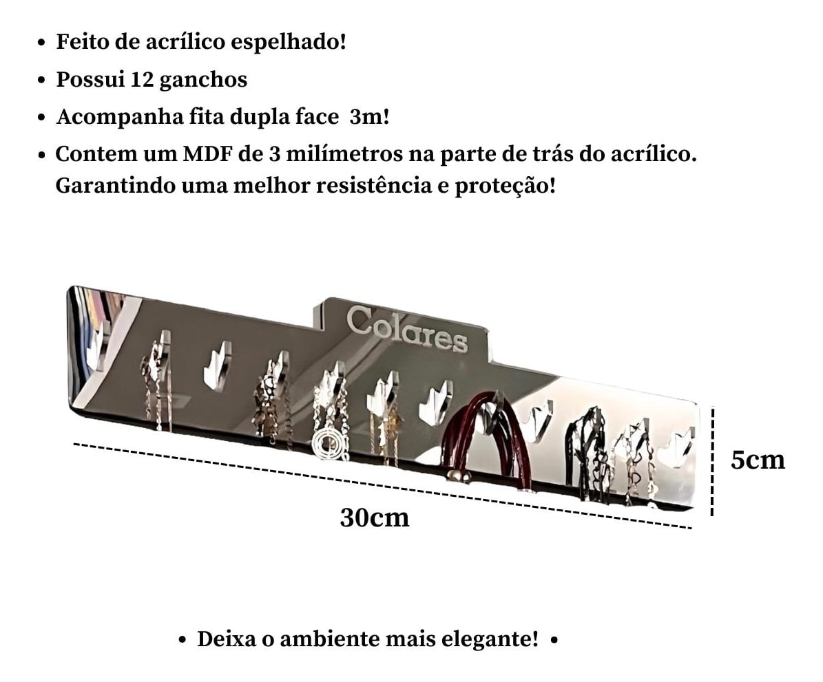 Suporte Parede Organizador Colares 30cm em Acrilíco Espelhado